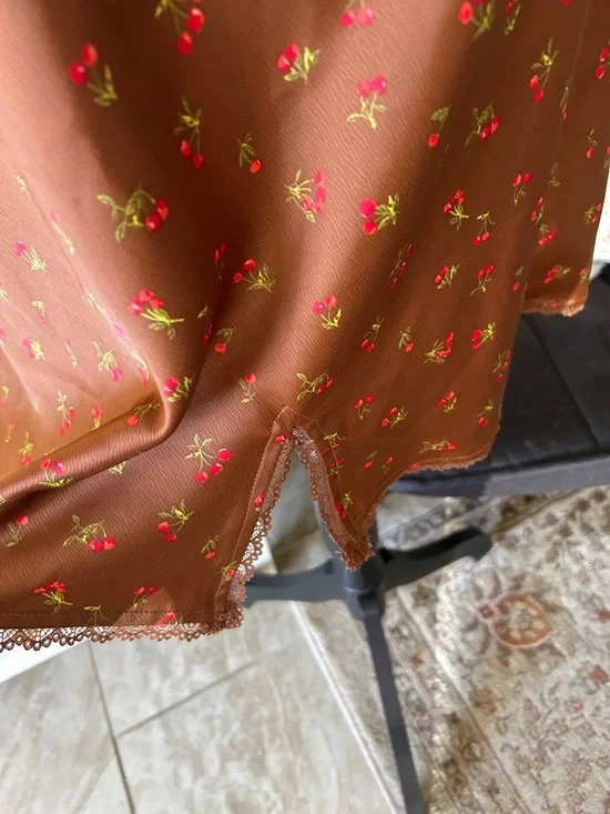 Wild fable, Brown, cherry print lace trim, slip mini dress large - Picture 3 of 11